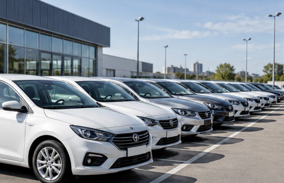 Fila de autos de una flota de alquiler estacionados frente a una instalación moderna